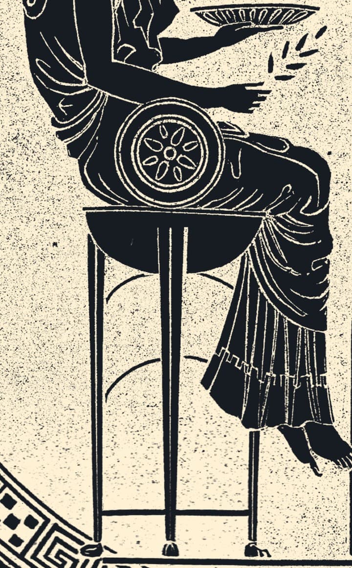 Detail of a drawing after an Athenian cup: hands holding a bowl and a laurel sprig above a tripod seat