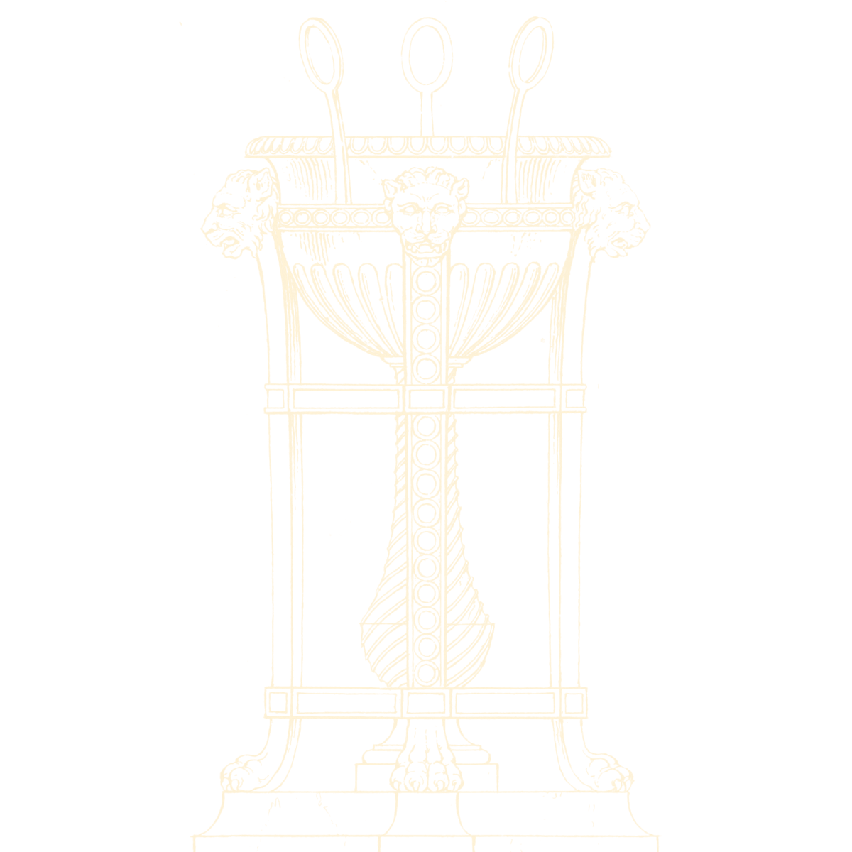 Engraving of a bronze tripod: a fluted bowl with three ring handles and lion masks, on three legs with lion feet